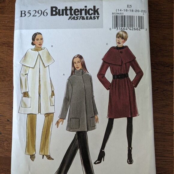 Butterick B5296 Loose Fit, Shawl Collar Lined Coat Womens Sizes 14-22 - Picture 1 of 3